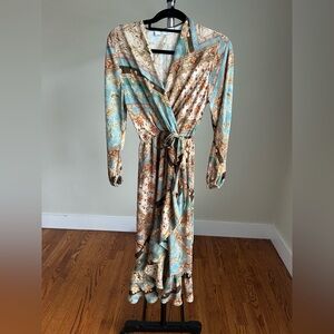LNC - gorgeous Kaos Patterned Wrap Midi Dress in Teal and Cream